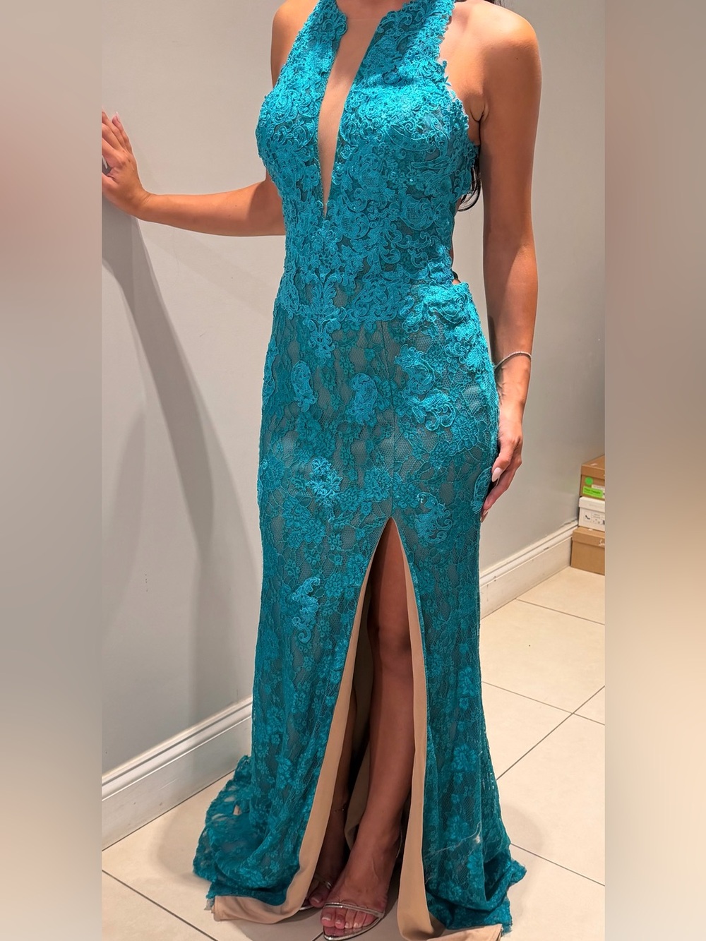 Morilee 43121 Turquoise Lace Halter Prom Dress Size 4